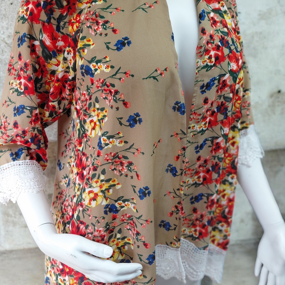Floral Lace Trim Kimono Cardigan - Beige with Red & Blue Flowers
